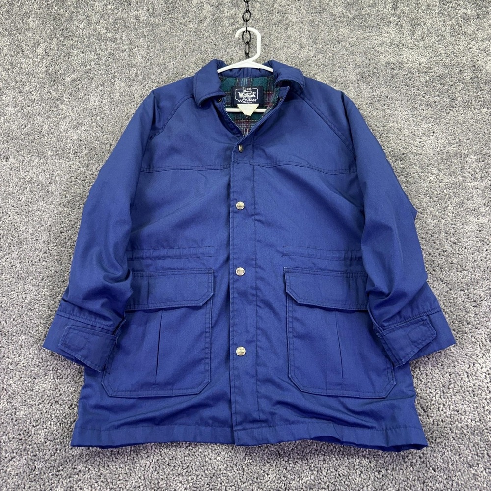 Vintage Woolrich Jacket Womens Medium Blue Twill Plaid Wool Lined USA Outdoor